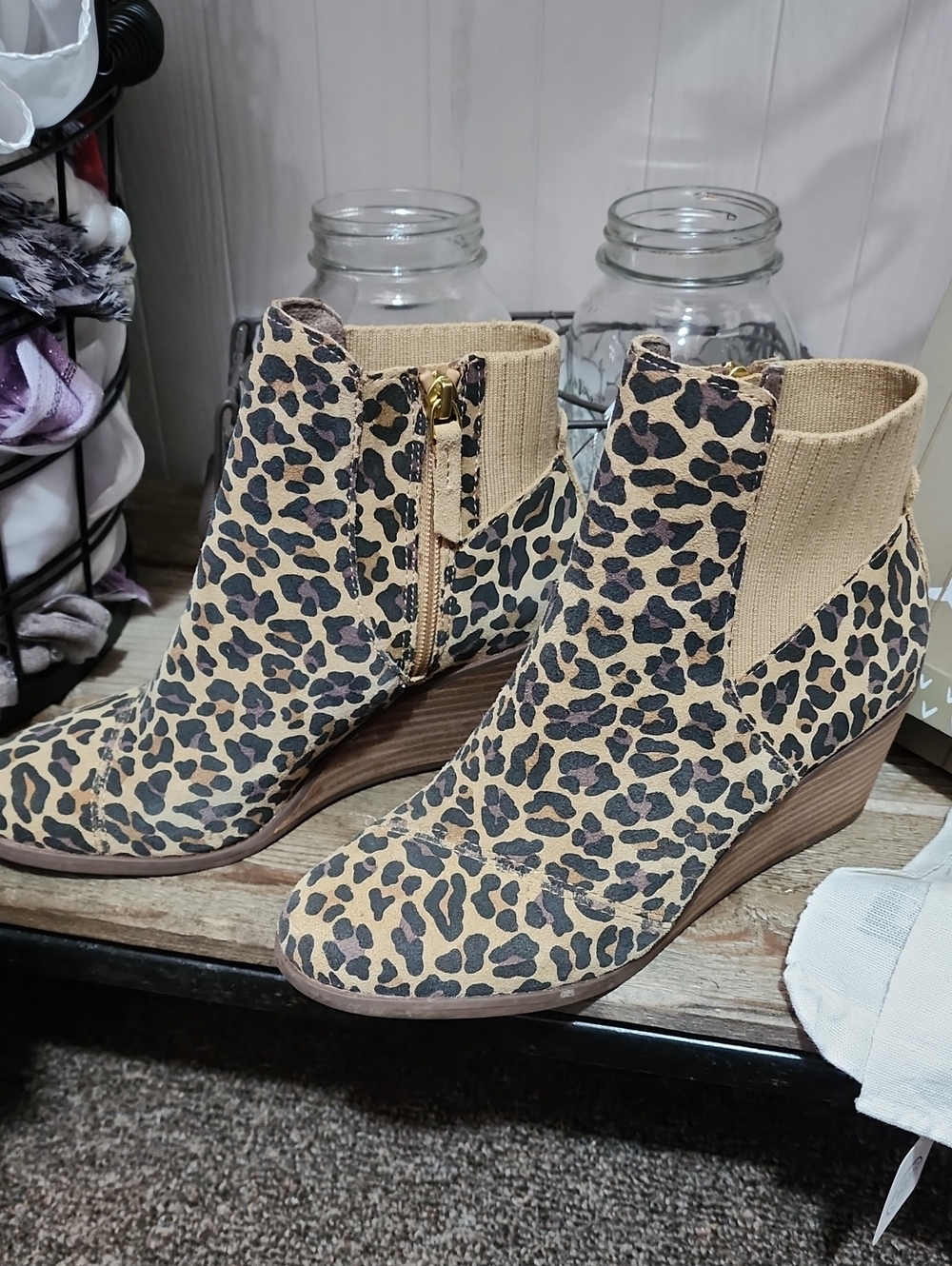 Toms Leopard Print Wedge Ankle Boots - Tan/Black